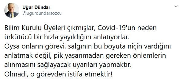 Uğur Dündar'dan Bilim Kurulu'na istifa çağrısı Gündem AYKIRI