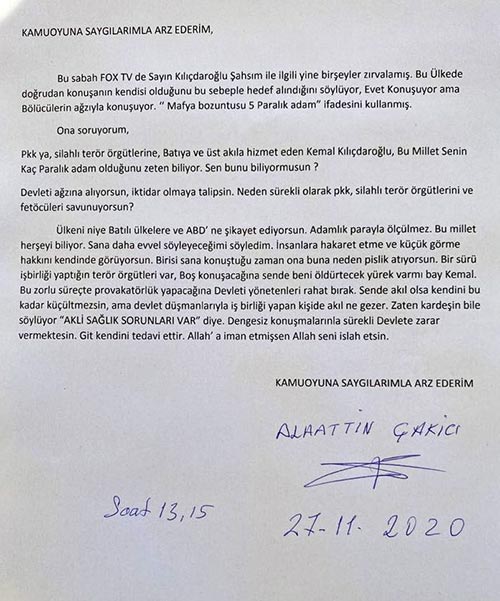 Alaattin Çakıcı'dan Kemal Kılıçdaroğlu'na yeni mektup