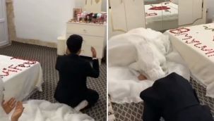 Gelin ve damat, gerdek öncesi yatak odasında kıldıkları namazı sosyal medya paylaştı