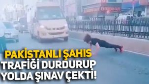 İstanbul'da yabancı uyruklu şahıs, trafiği durdurarak yol ortasında şınav çekti