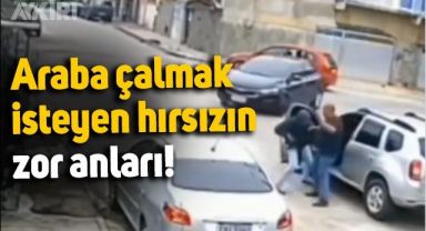Çalmak istediği araba düz vites çıkan hırsızın zor anları