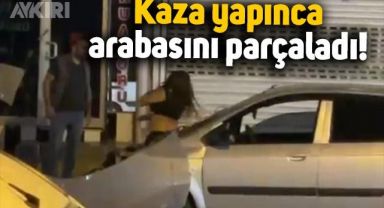 Adana'da dolmuşa çarptı, sinir krizi geçirip arabasını parçaladı