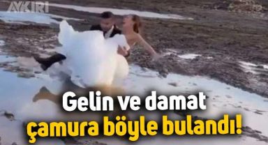 Gelin ve damat, fotoğraf çekimi sırasında çamura bulandı