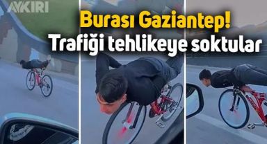 Gaziantep'te yatarak bisiklet sürdüler, trafiği tehlikeye soktular