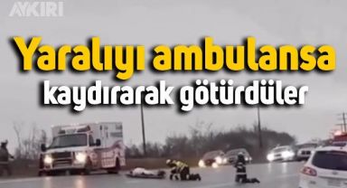 Kanada'da yaralı şahsın, ambulansa kaydırılarak götürüldüğü anlar