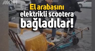 Sanayide el arabasını elektrikli scootera bağlayan gençler
