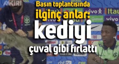Vinicius Junior'ın basın toplantısına dahil olan kedi, çuval gibi yere fırlatıldı